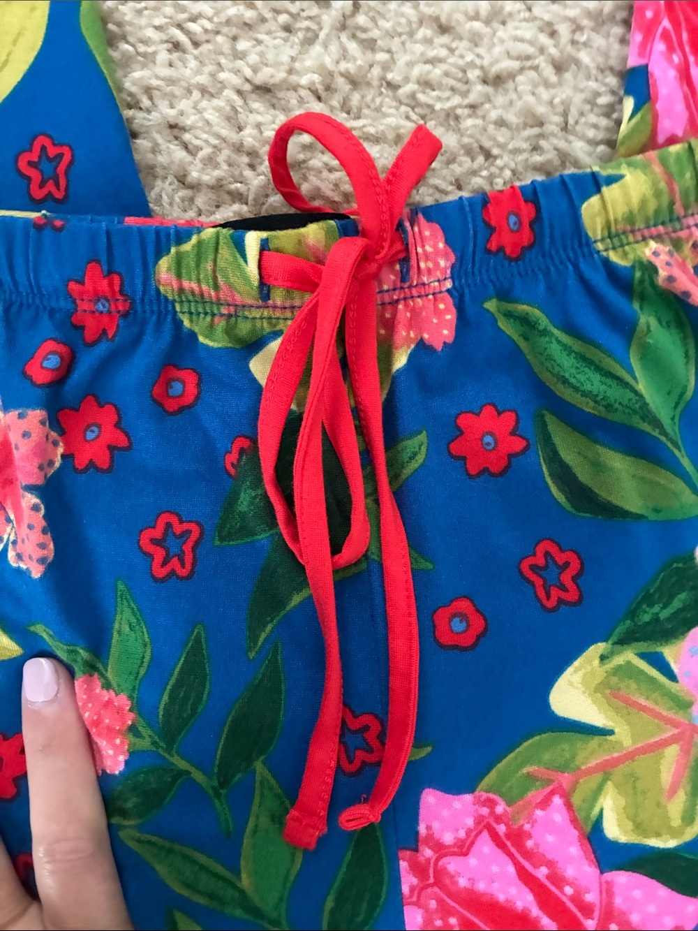 Room Service Vibrant Floral Blue Button-Up Pajama Top and Pants (size small) - Picture 6 of 7